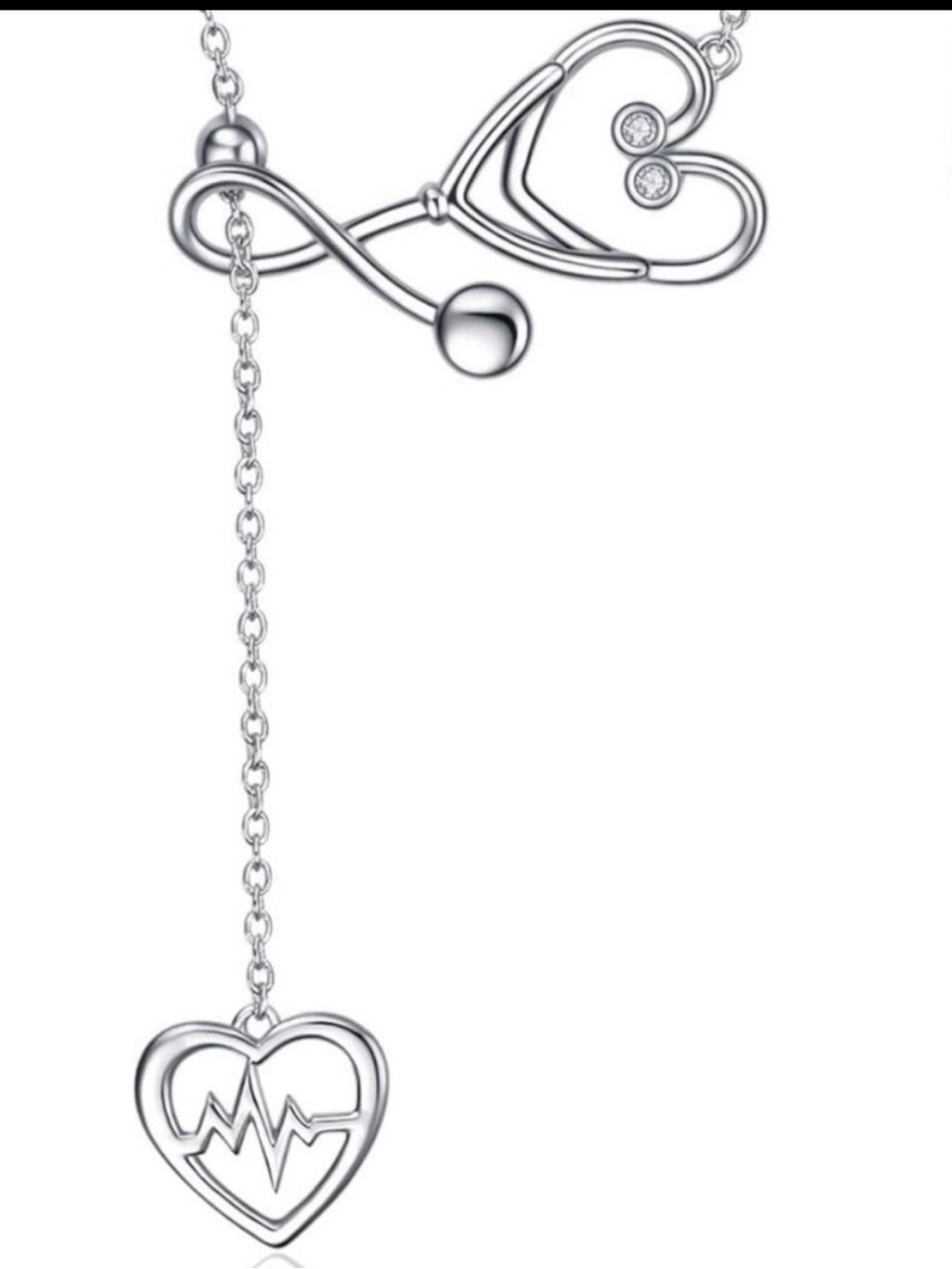 Silver Lariat Necklace with Heart and Heartbeat Charm